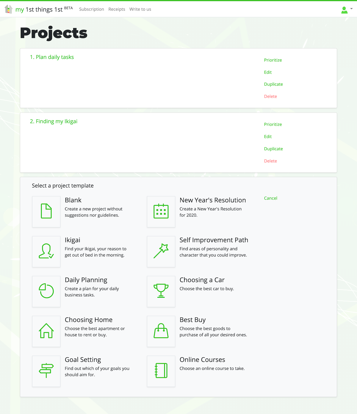 Choosing a project template